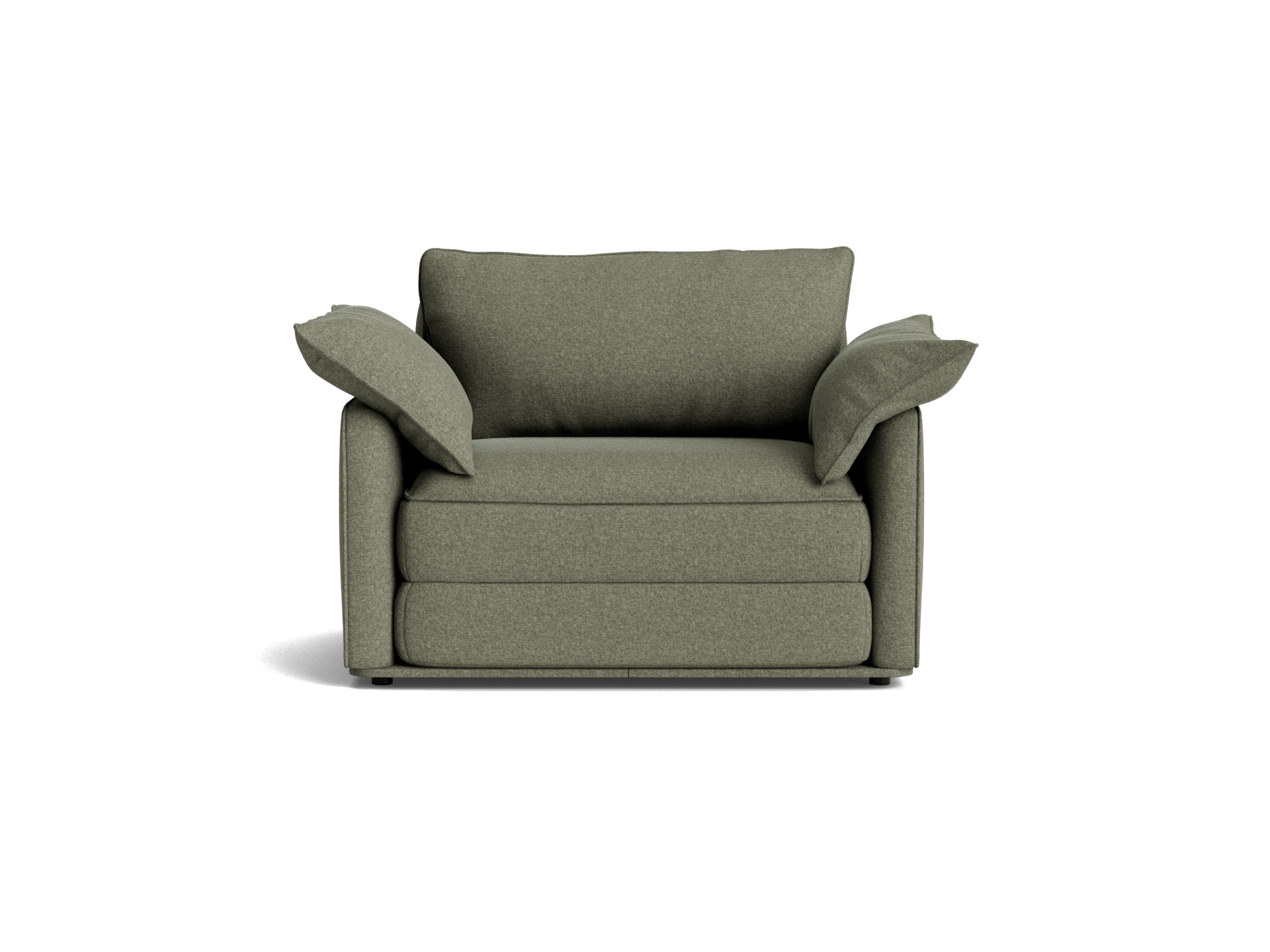 Olive green armchair with plush cushions and wide armrests on a white background. Minimalist and modern design.