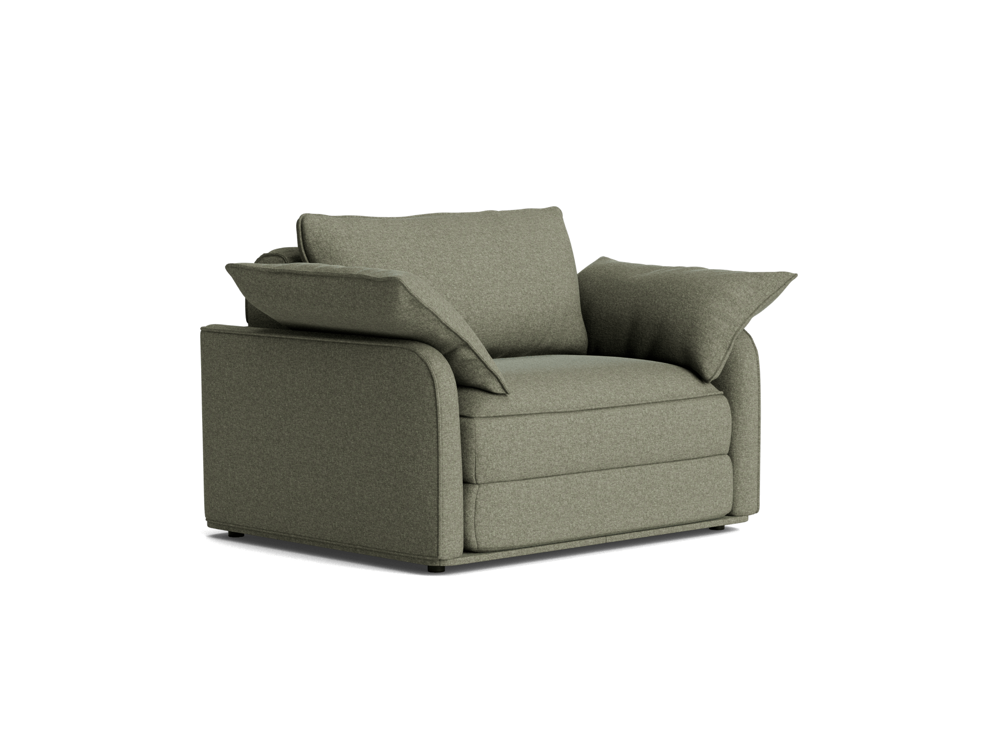 Green armchair with cushioned seat and backrest, featuring wide armrests. Modern design with plush upholstery.