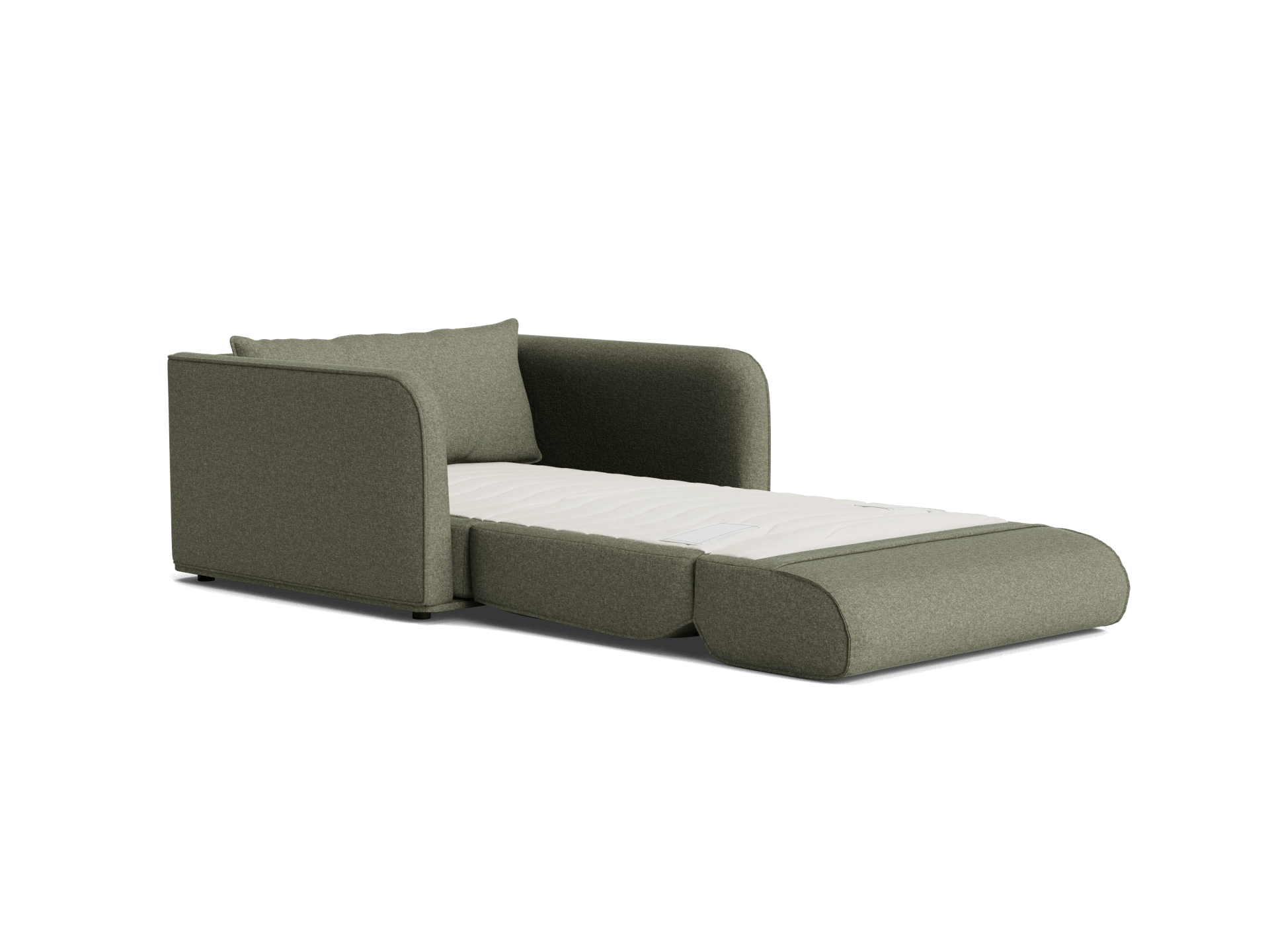 A green sofa bed with a pull-out mattress, featuring a minimalist design with a single back cushion.