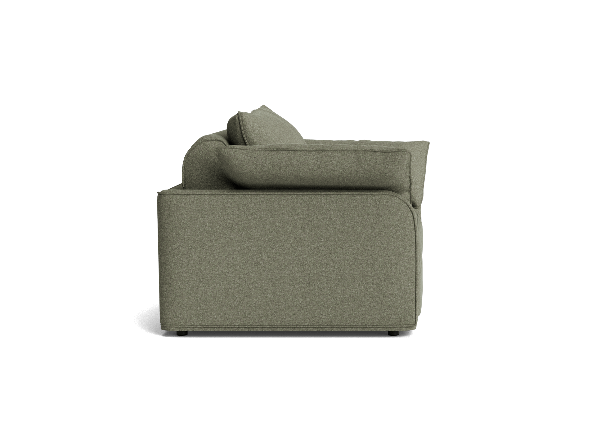 Side view of a modern olive green couch with soft cushions and square armrests, showcasing its sleek and minimalist design.