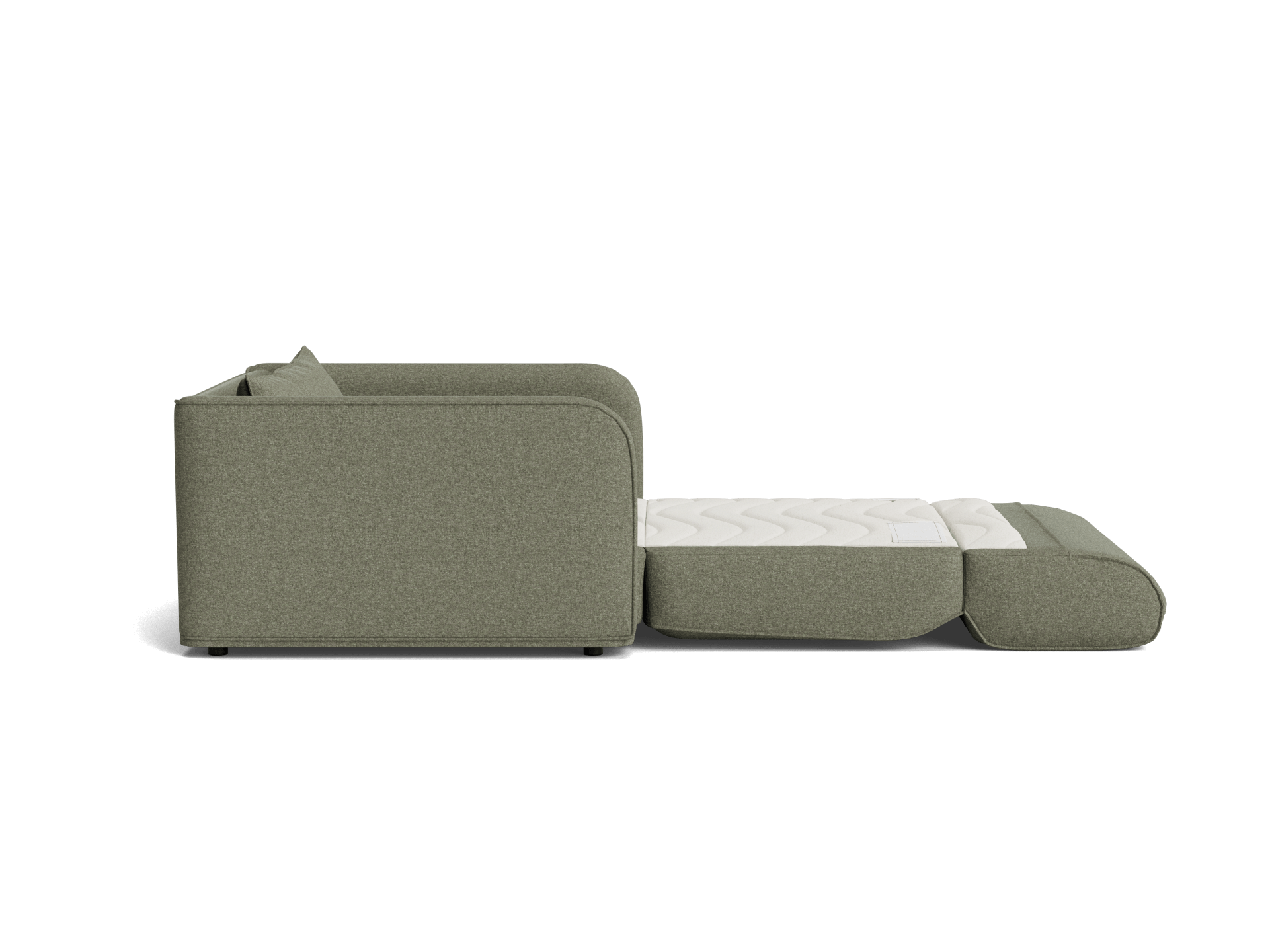 Green sofa bed extended, showing a white mattress. Simple design with clean lines, ideal for compact spaces.