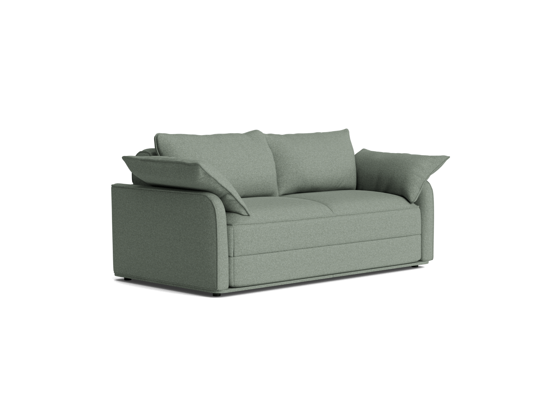 Green fabric loveseat with plush cushions and rounded arms on the side, designed for comfort and style. Perfect for a modern lounge room.