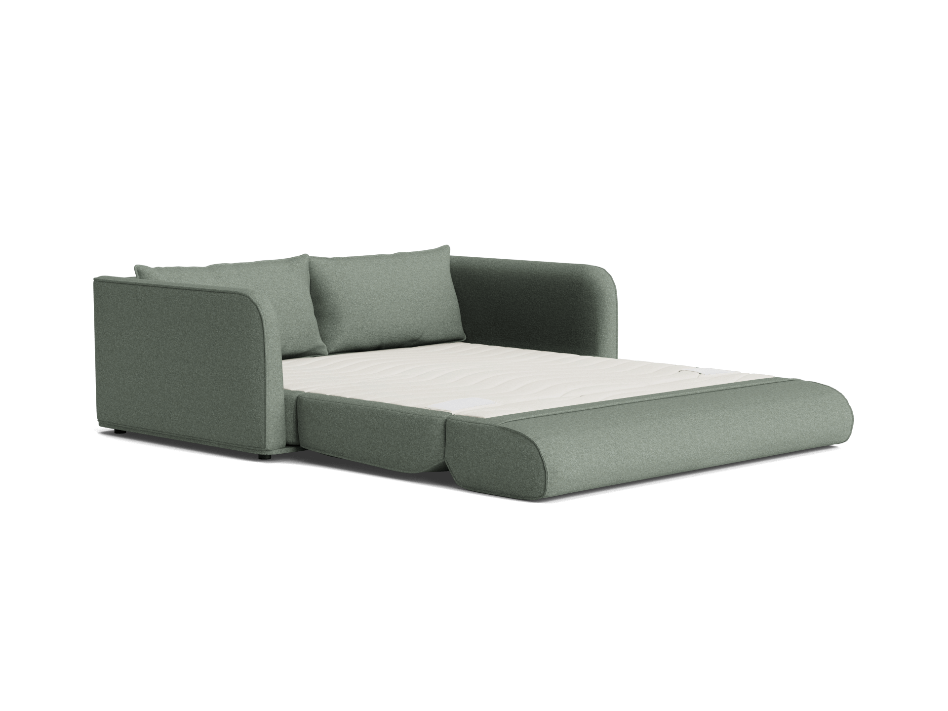 Green fabric sofa bed with a pull-out mattress, featuring two matching cushions.
