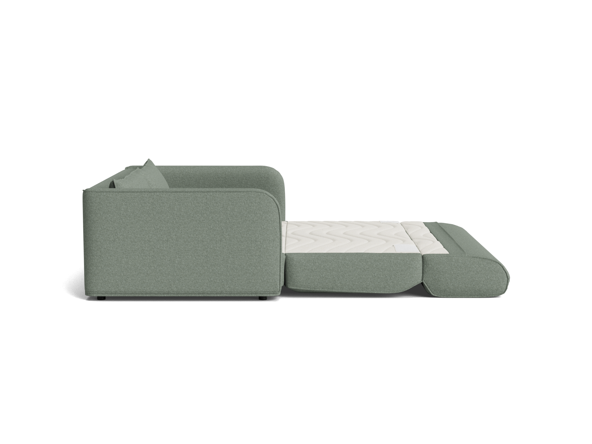 Green sofa bed extended with a mattress unfolded, showcasing a sleek, modern design and compact functionality.
