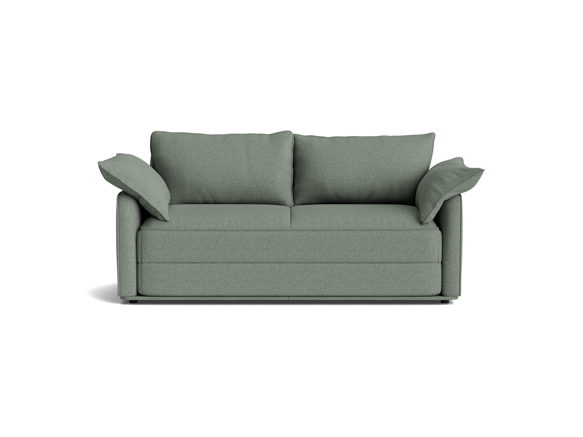 Green fabric sofa with two large back cushions and armrest pillows. Simple, modern design with clean lines. Ideal for living room seating.