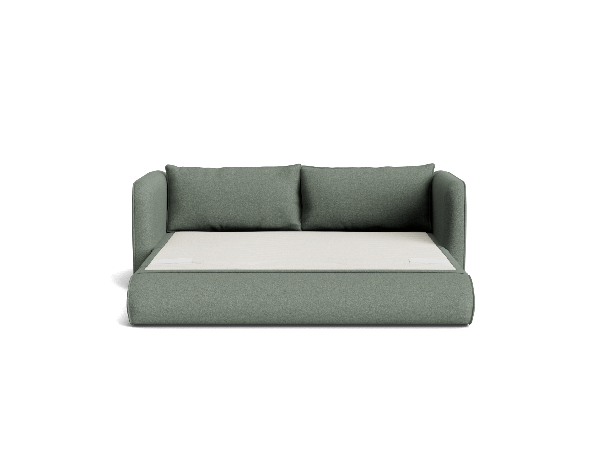 Green sofa bed with two square cushions, light grey mattress pulled out, sleek and modern design. Perfect for living room or guest space.