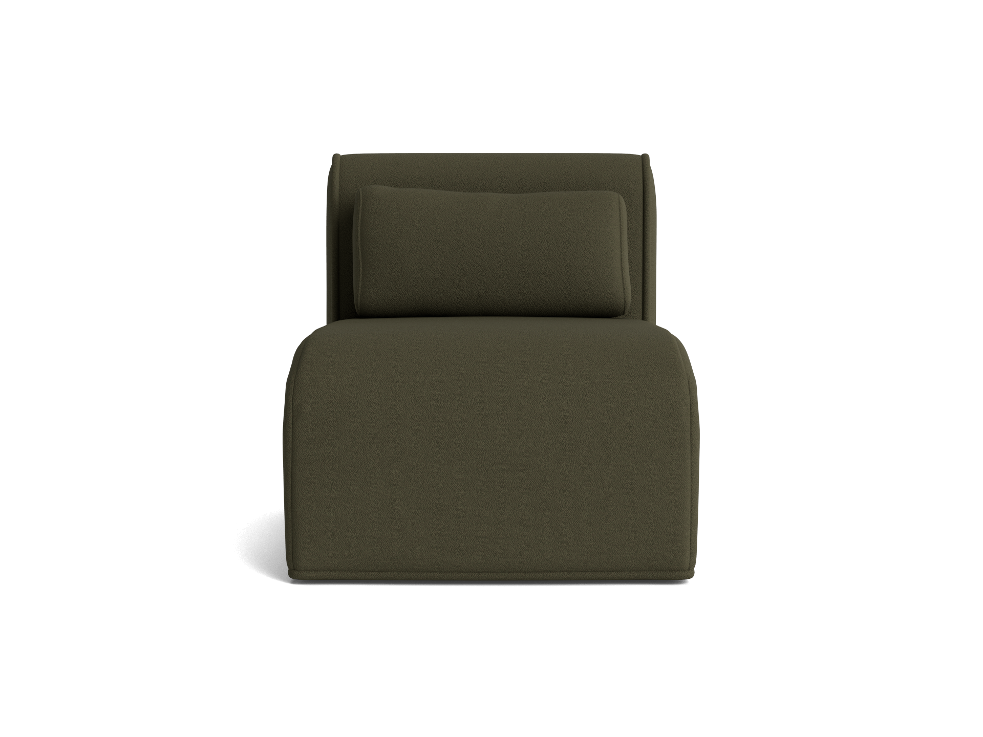 Dark green armless lounge chair with a matching cushion, featuring a minimalist design. Suitable for modern living room furniture settings.