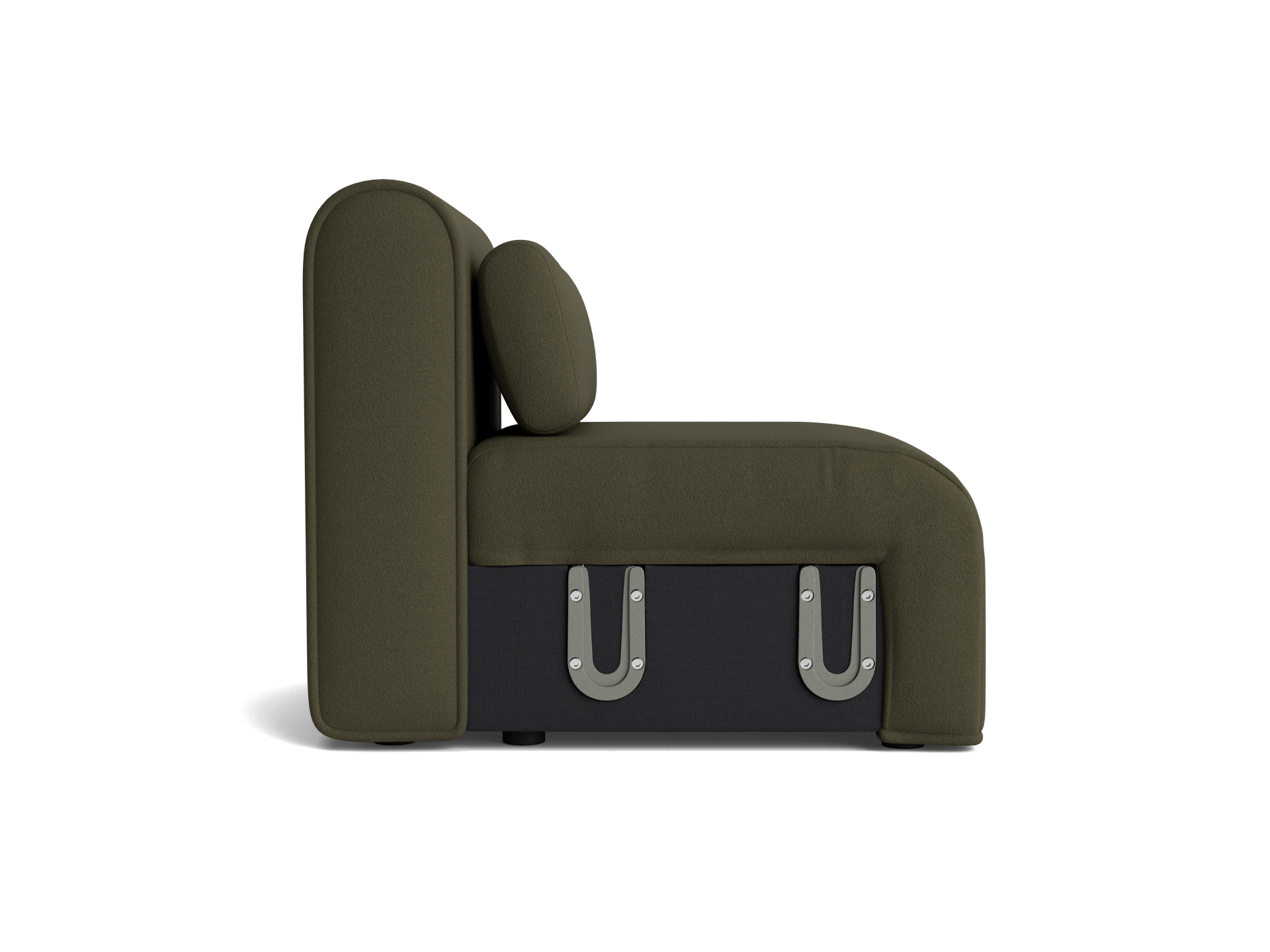 Olive green modular sofa section with a rounded backrest and cushion, featuring grey metal clips on a dark base.