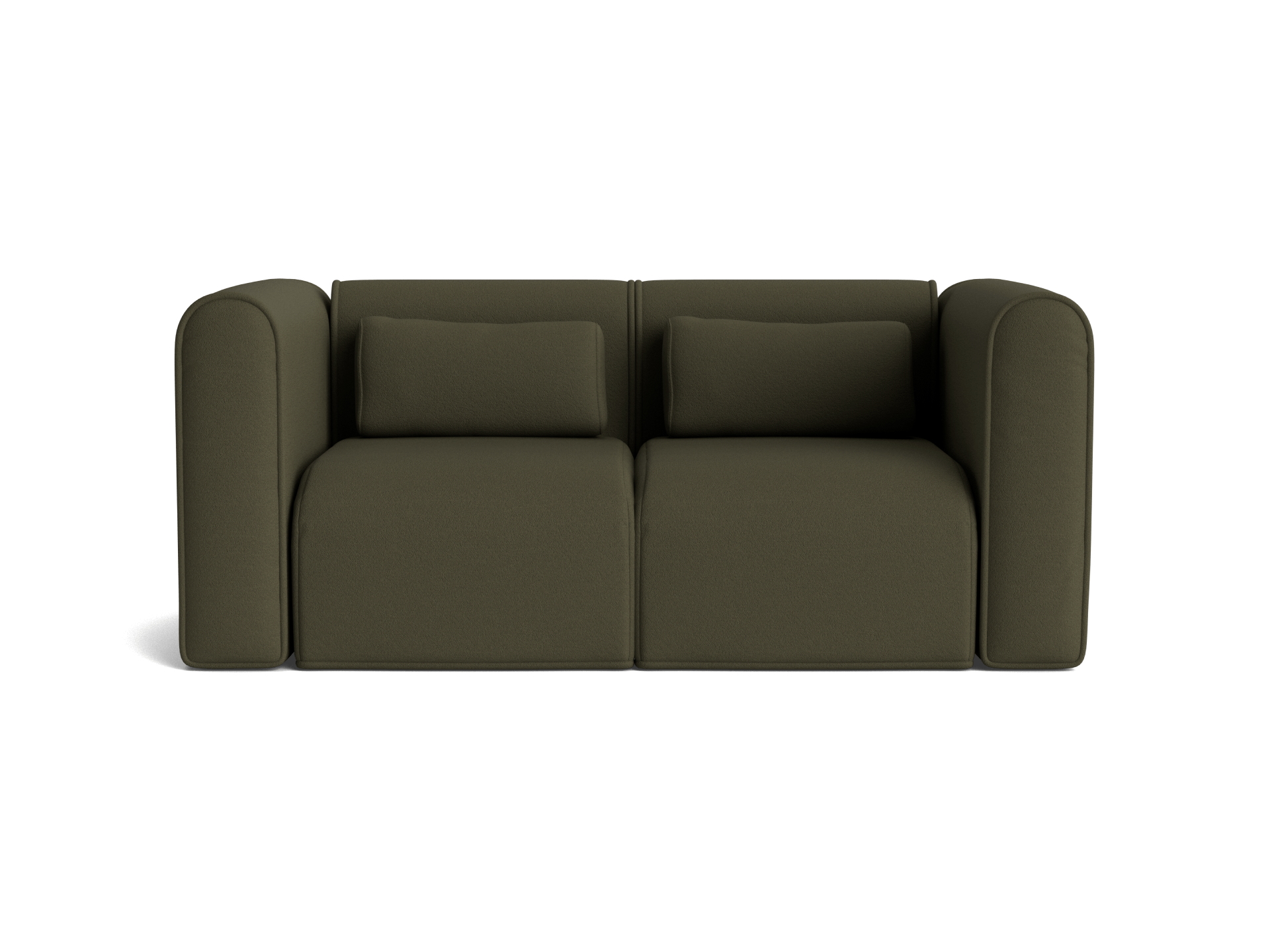 Olive green sofa with two seat cushions and two back cushions, featuring rounded armrests and a minimalist design.