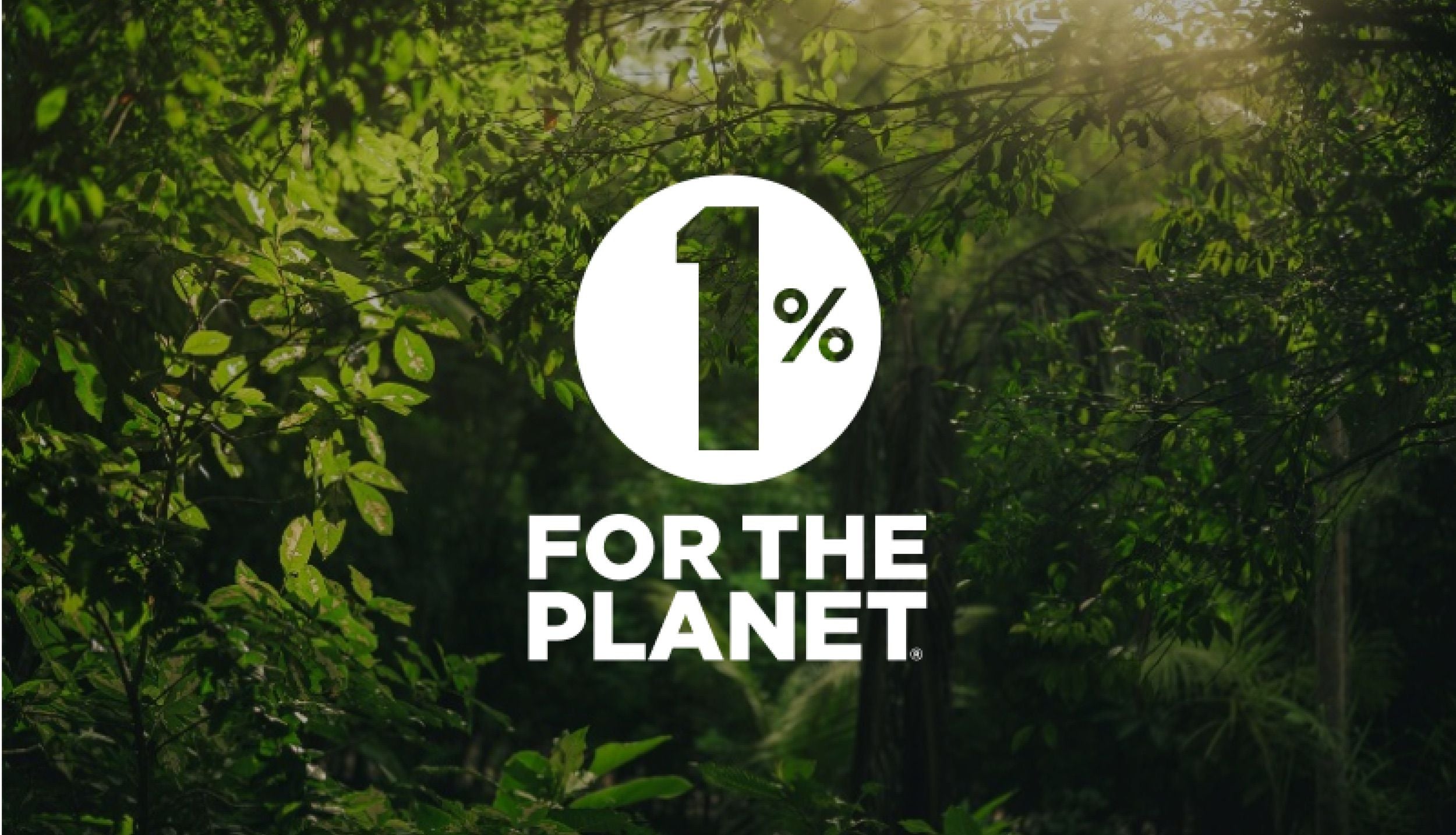 Dense green jungle with sunlight filtering through leaves, featuring a bold white "1% for the Planet" logo in the centre.
