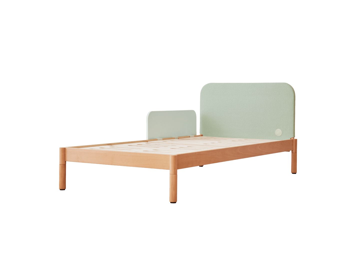 Wooden bed frame with light green fabric headboard and footboard, featuring simple, modern design.