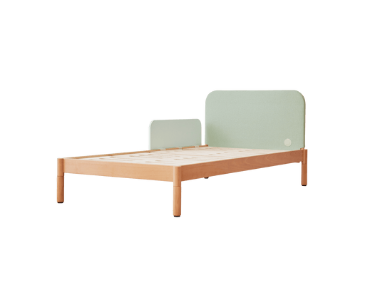 Minimalist bed frame with light timber legs and a light green upholstered headboard and footboard. Simple and modern furniture design.