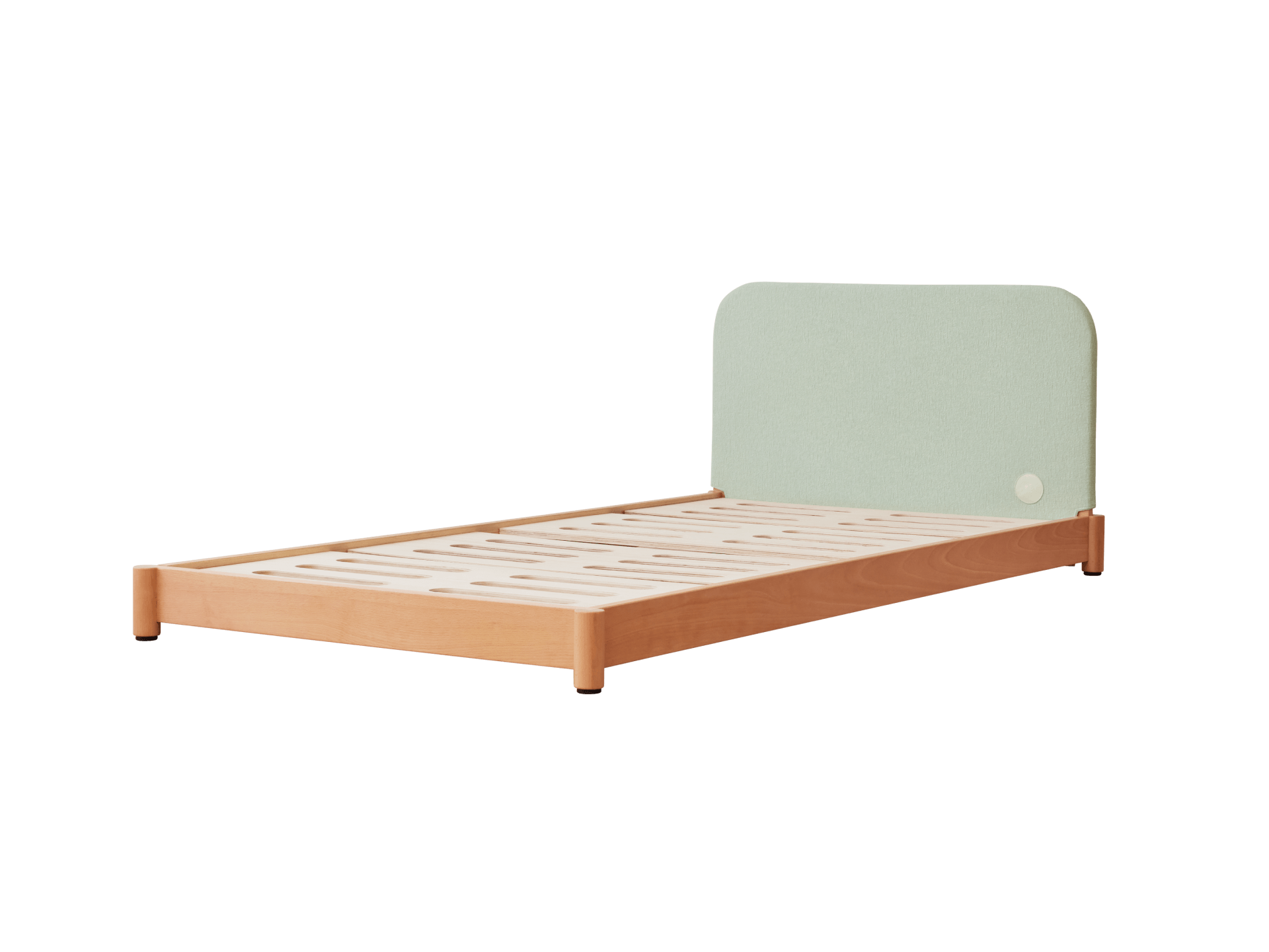 Single wooden bed frame with light wood slats and a light green fabric headboard. Simple and modern design.