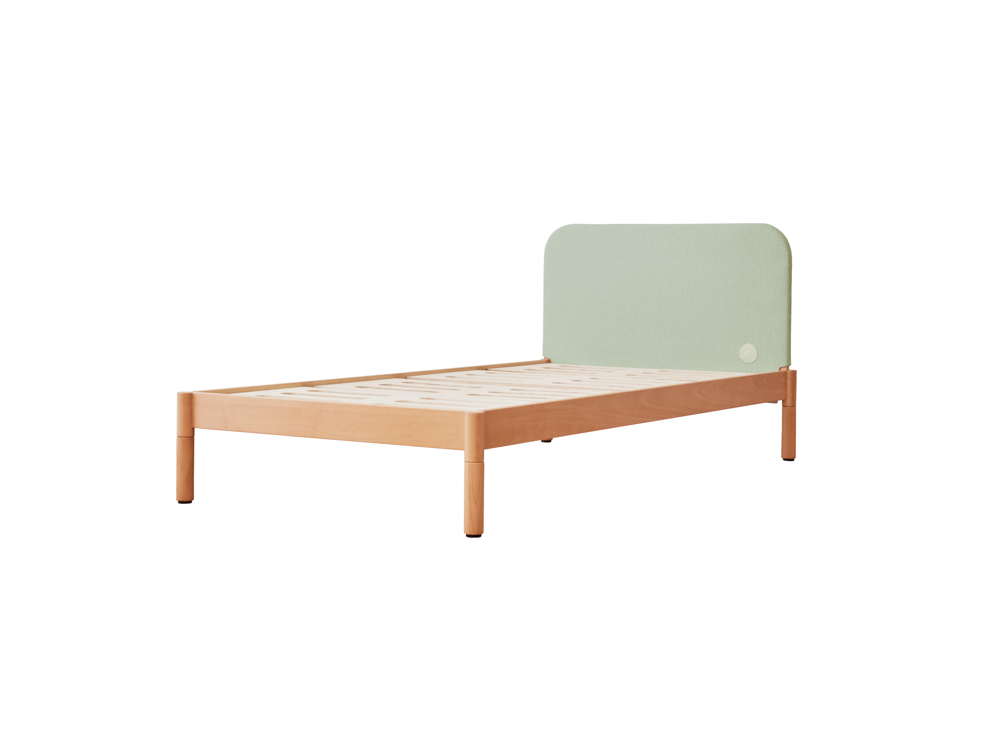 Single light wood bed frame with a light green upholstered headboard, slatted base, and minimalist design. Perfect for modern bedrooms.