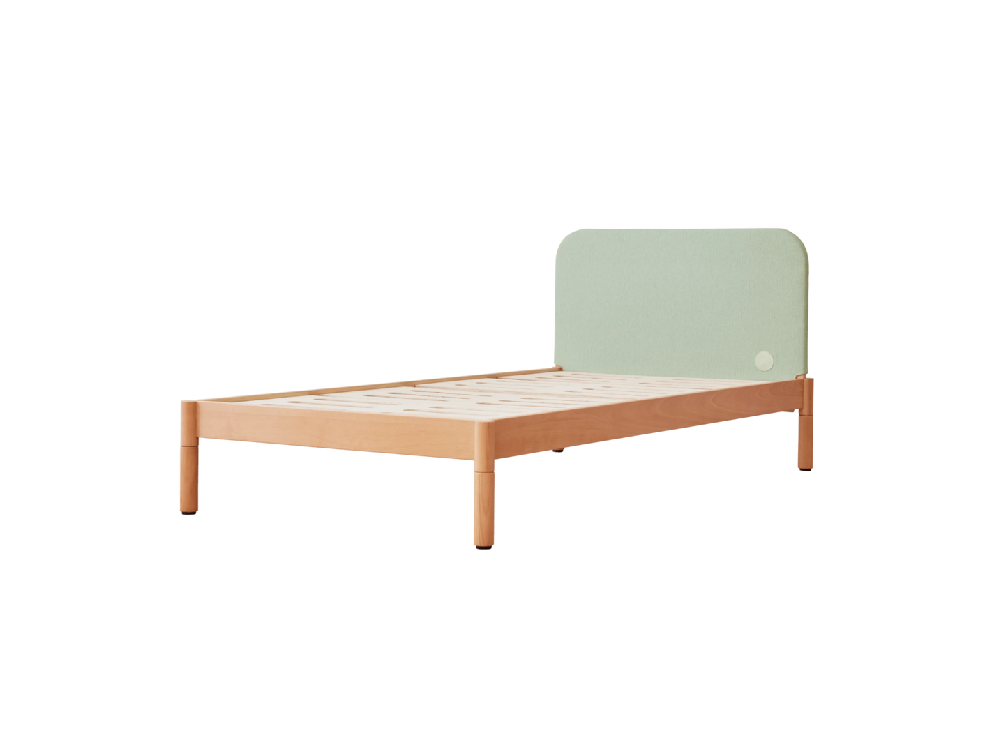 Wooden bed frame with a light green upholstered headboard, featuring minimalist design and visible wood grain.