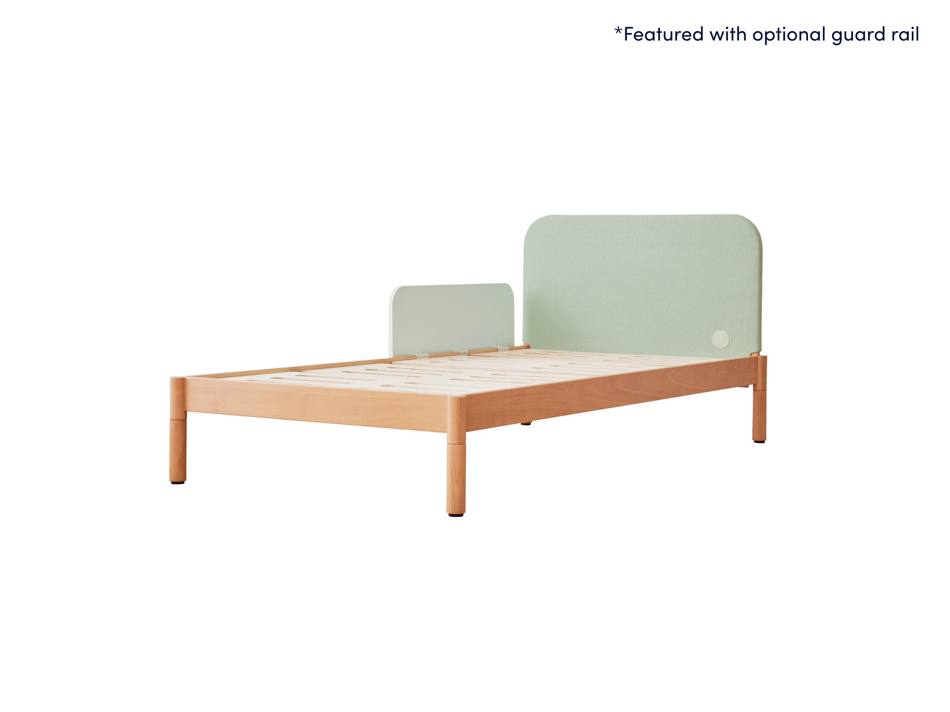 Wooden bed frame with light green upholstered headboard and guard rail. Minimalist design with smooth, rounded edges.