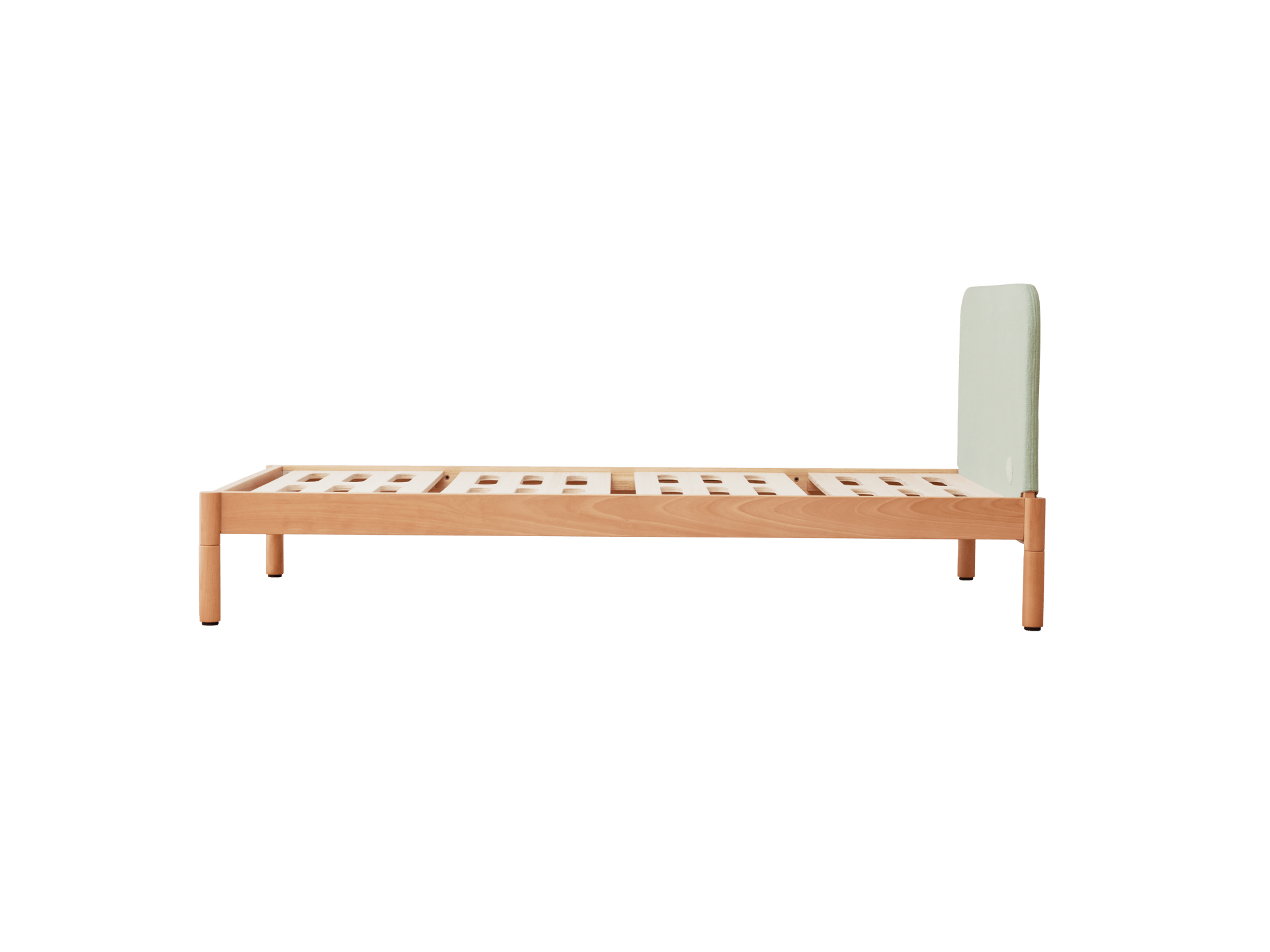 Light wood single bed frame with slatted base and a light green upholstered headboard. Minimalist design, modern bedroom furniture.