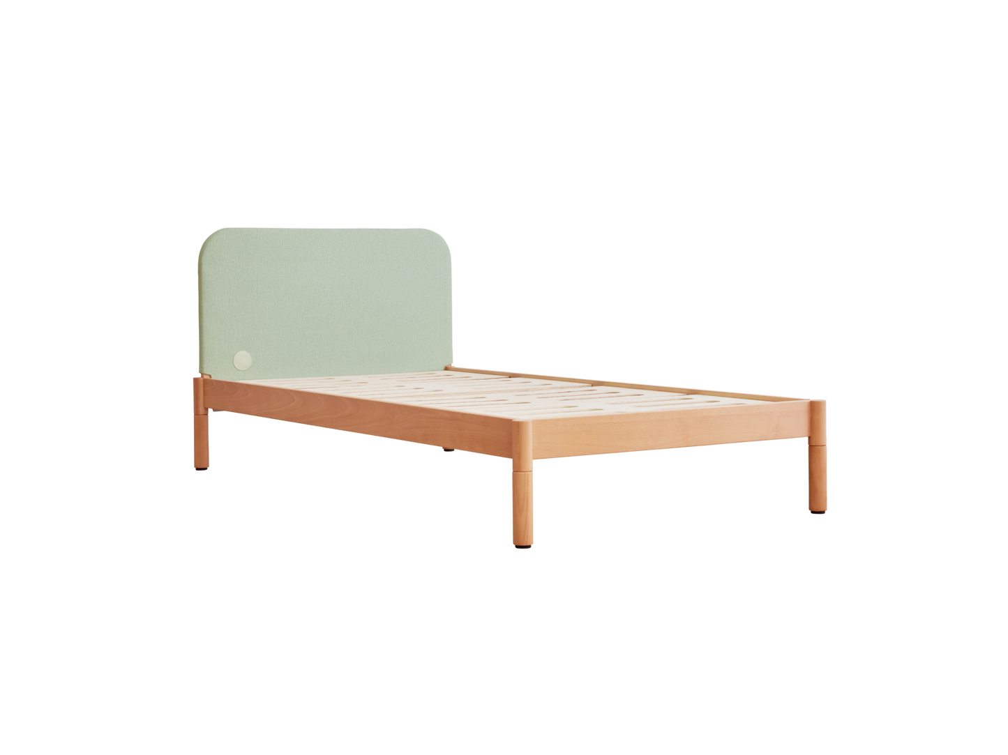 Single wooden bed frame with light green fabric headboard, minimalist design.