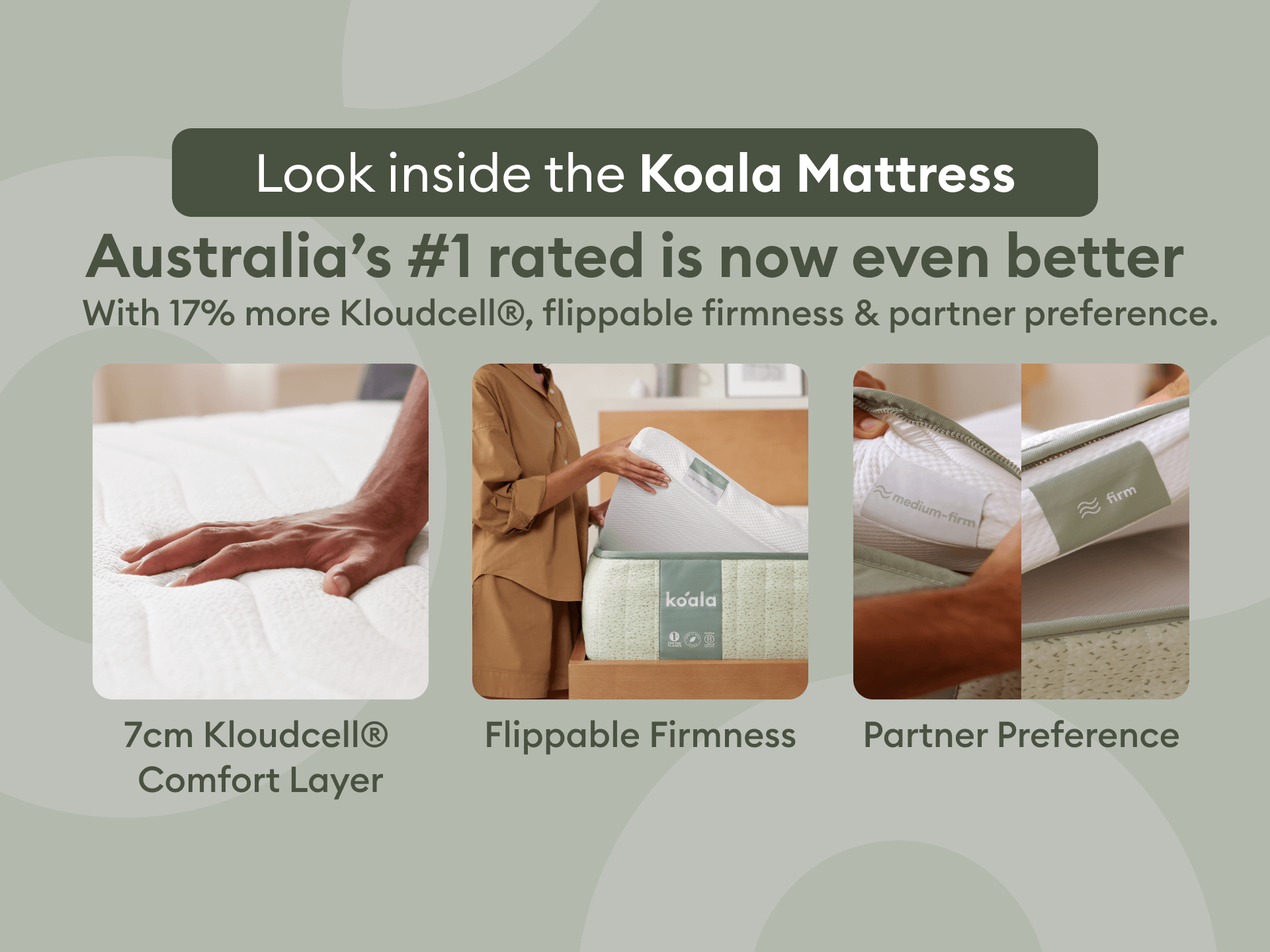 Promo for Koala Mattress featuring the Kloudcell® comfort layer, flippable firmness, and partner preference. Text highlights features and benefits.