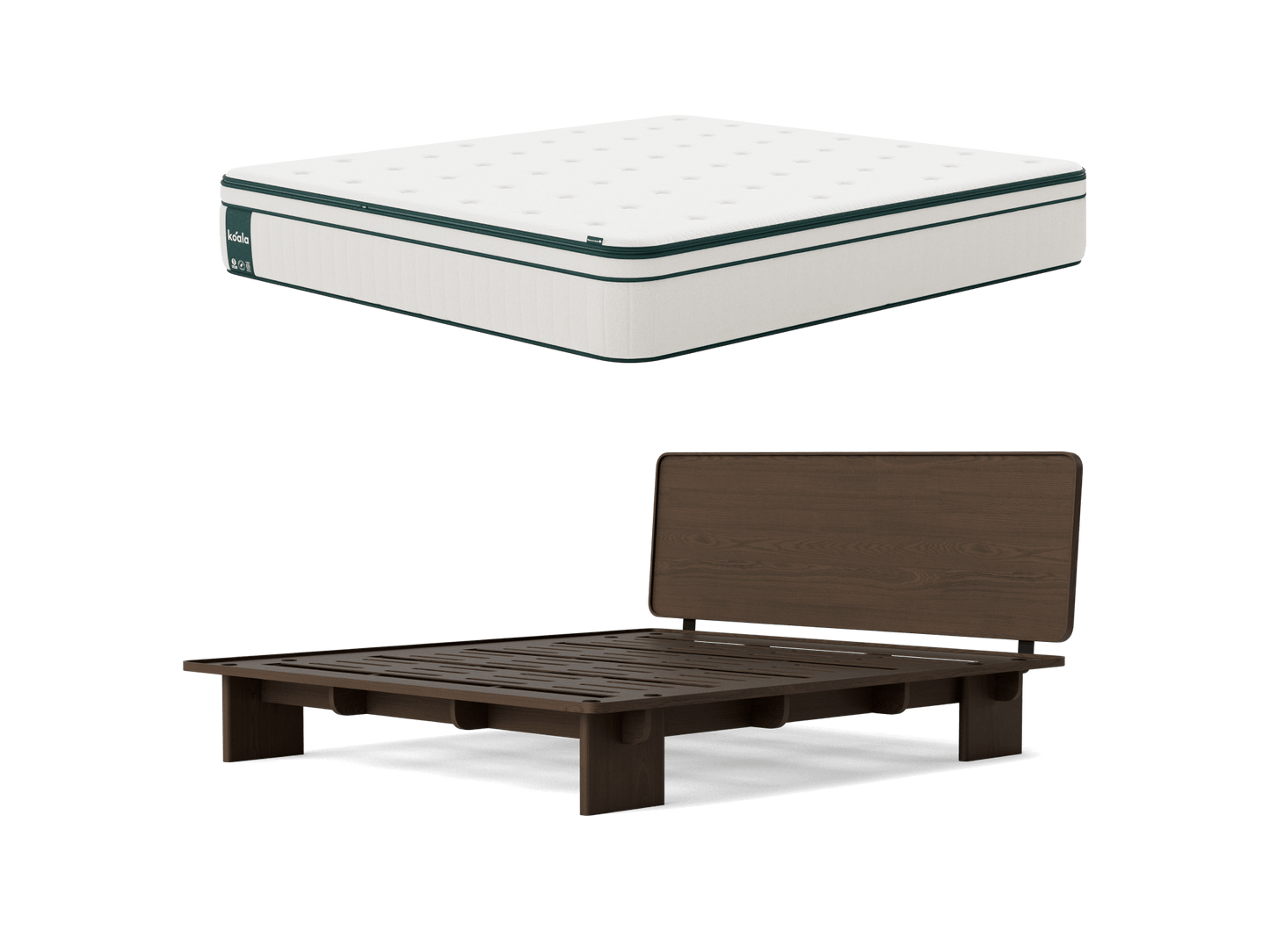 White mattress with green accents above a dark brown wooden bed frame with a simple headboard.