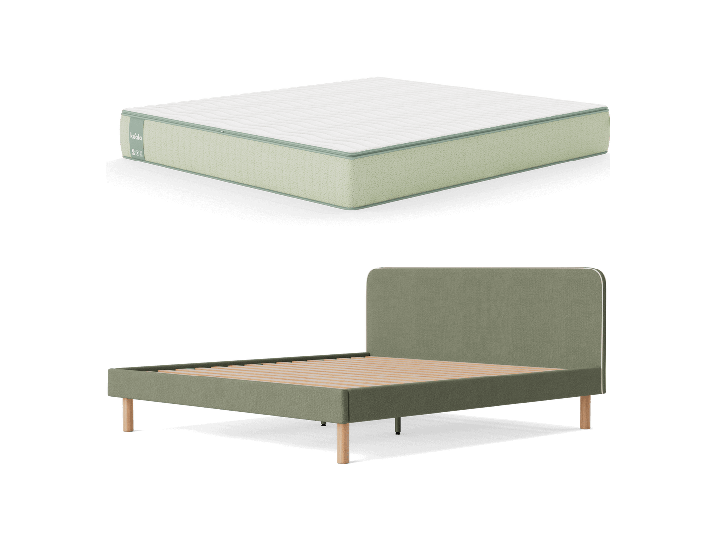 Green upholstered bed frame with wooden legs, paired with a thick white and light green mattress.