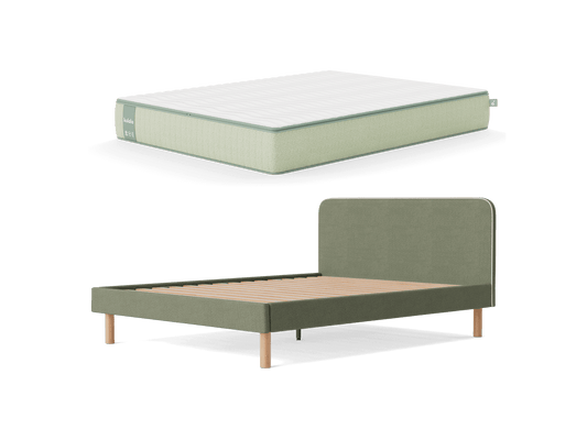 Sage green bed frame with a matching mattress. The bed frame has a wooden slat base and the mattress features a white top surface.