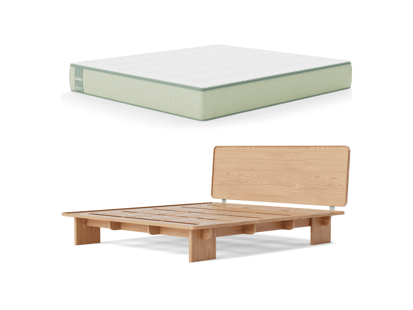 Light green mattress with white top paired with a natural wood bed frame featuring a simple headboard.