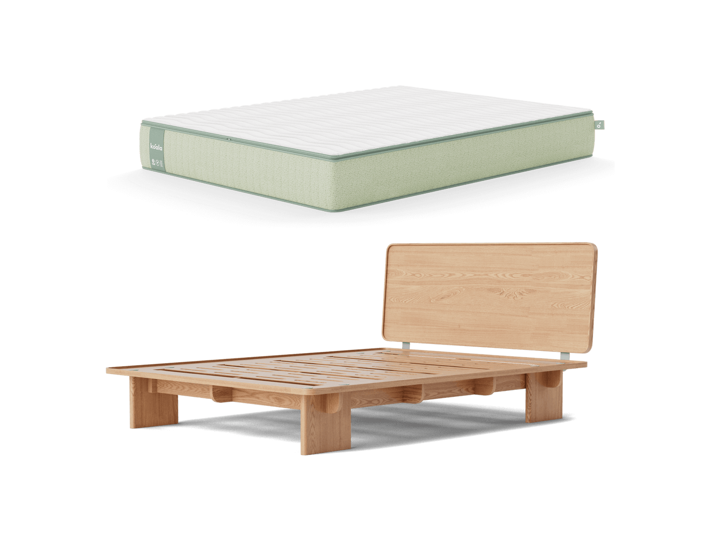 Light green mattress with white top, paired with a light wood bed frame featuring a minimalist headboard.