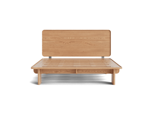 Light brown wooden bed frame with a simple, minimalist design. Features a rectangular headboard and slatted base, suitable for modern bedrooms.