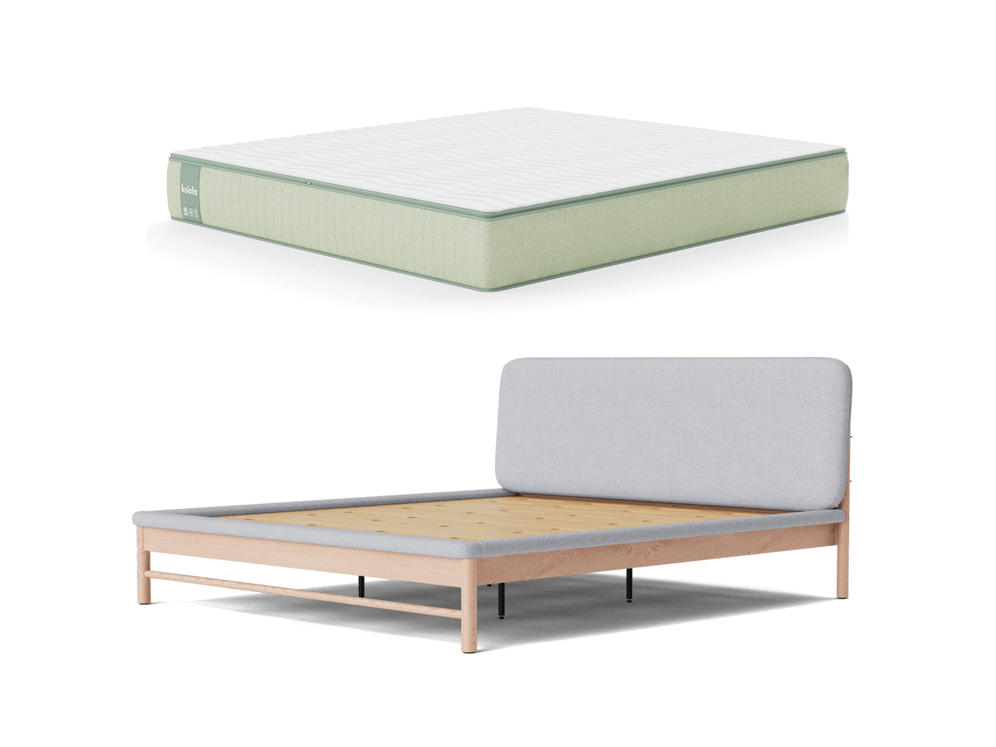 A light green mattress and a wooden bed frame with a light grey fabric headboard. The bed frame has a minimalist design.