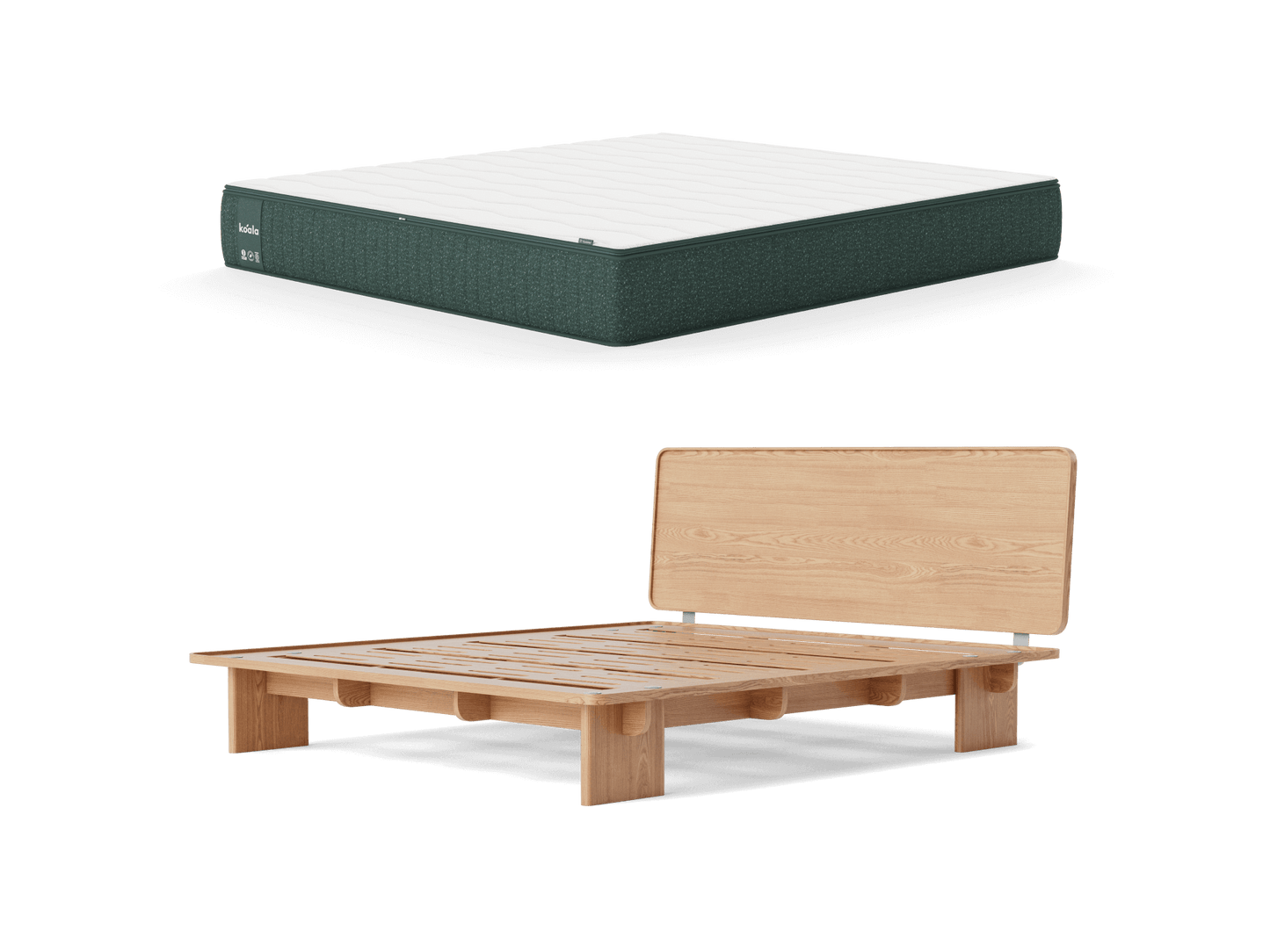 White mattress with dark grey sides above a light wooden bed frame, featuring a slatted base and solid headboard. Minimalist furniture.