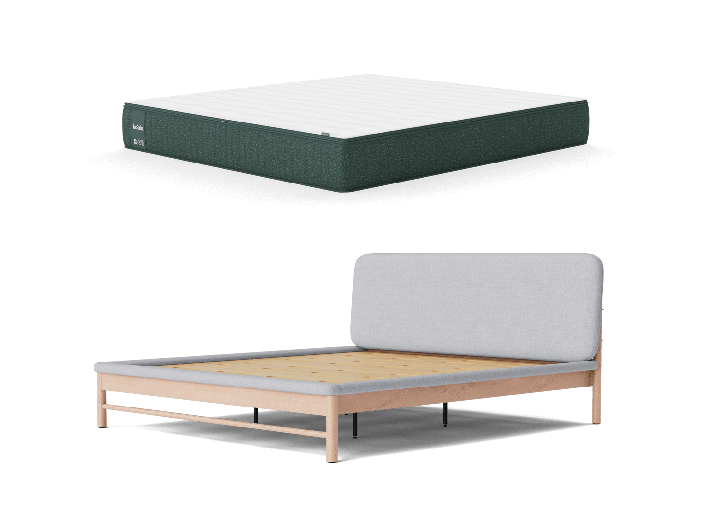 Mattress on grey base and light wood bed frame with grey cushioned headboard, displayed against a white background.