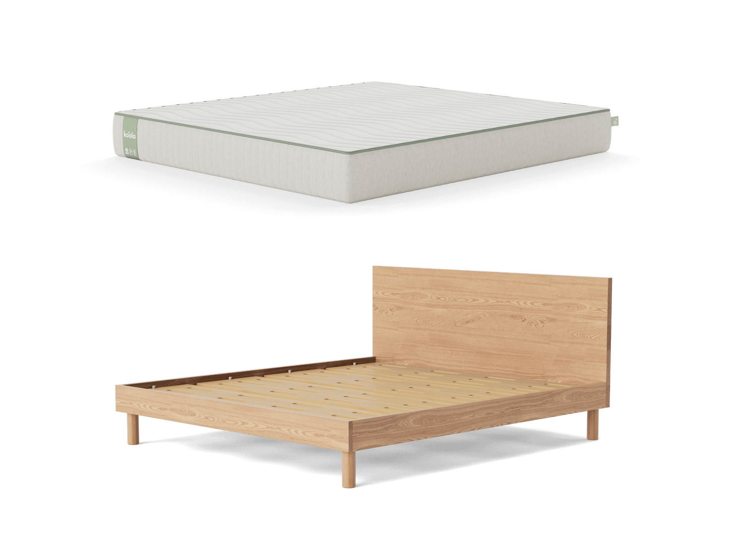 Light beige mattress and wooden bed frame with headboard, shown separately. Minimalist bedroom furniture set.