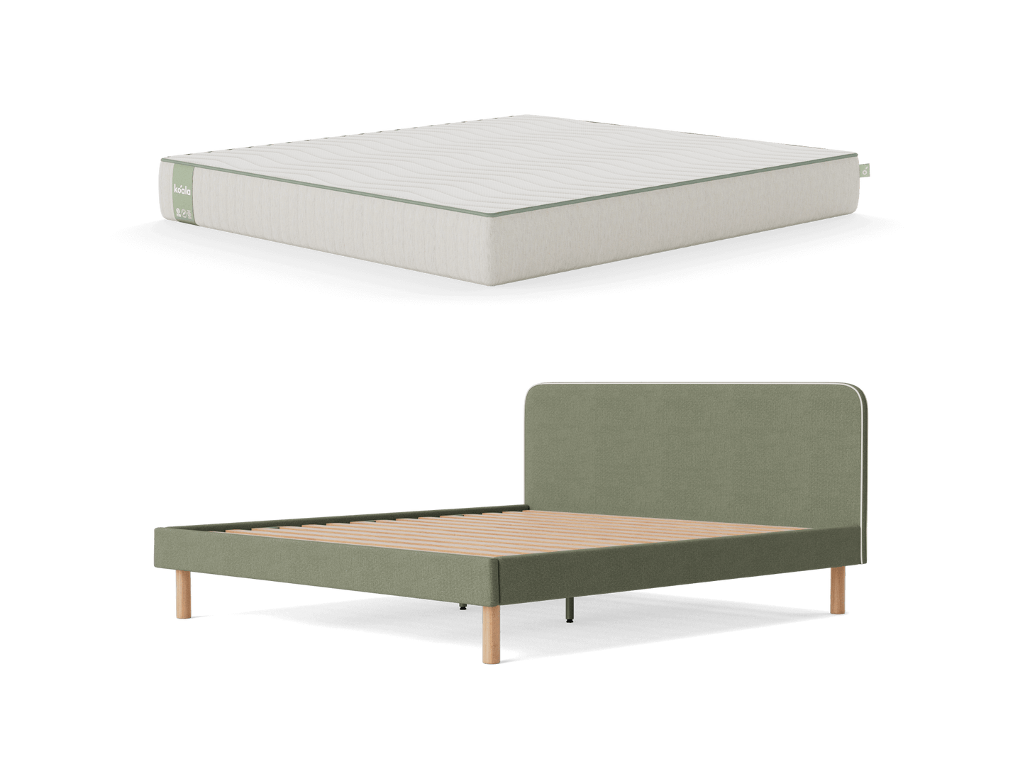 Green bed frame with wooden slats and a white mattress, both on a plain white background.