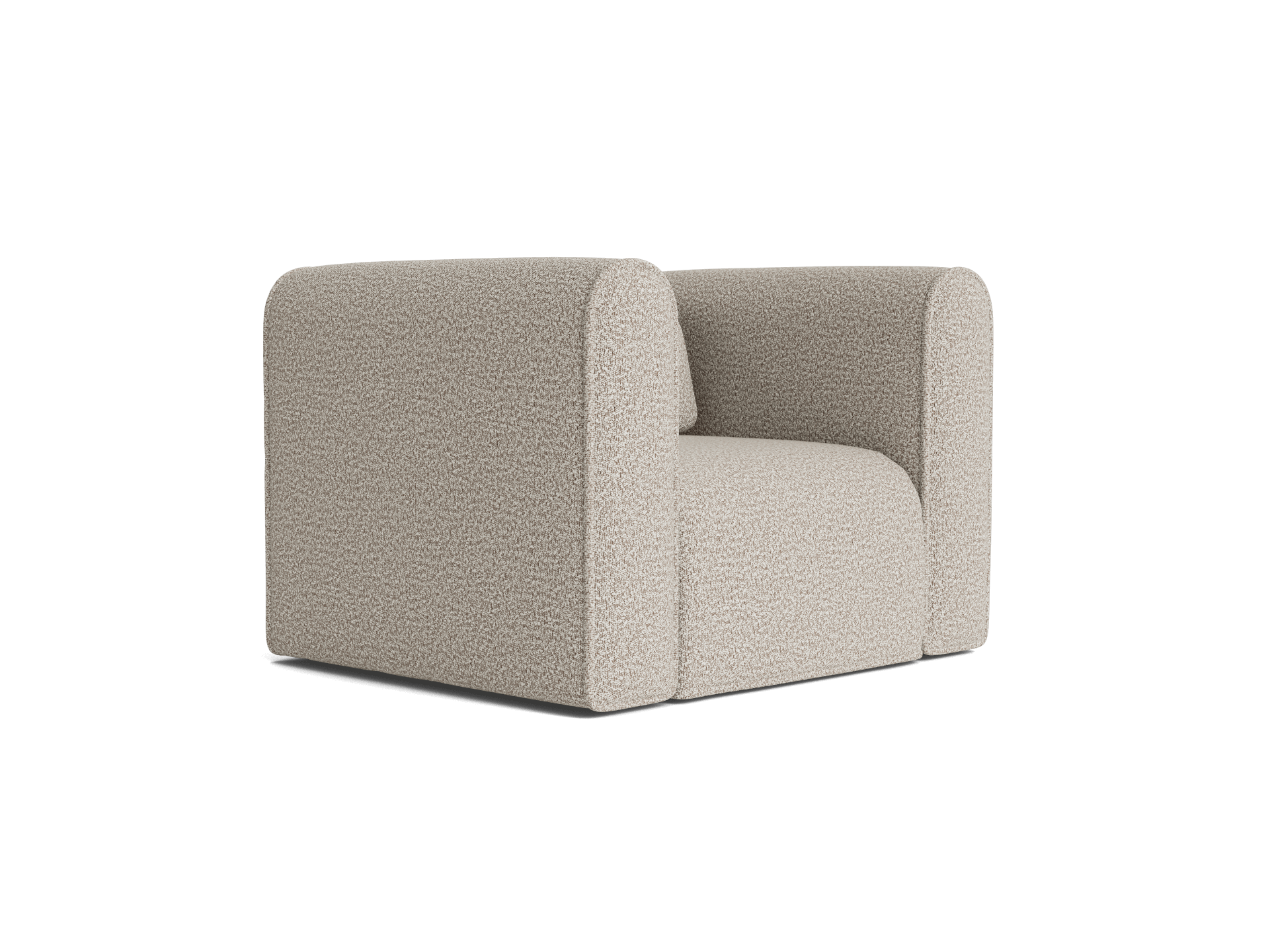 Beige fabric armchair with a boxy, modern design and rounded corners.