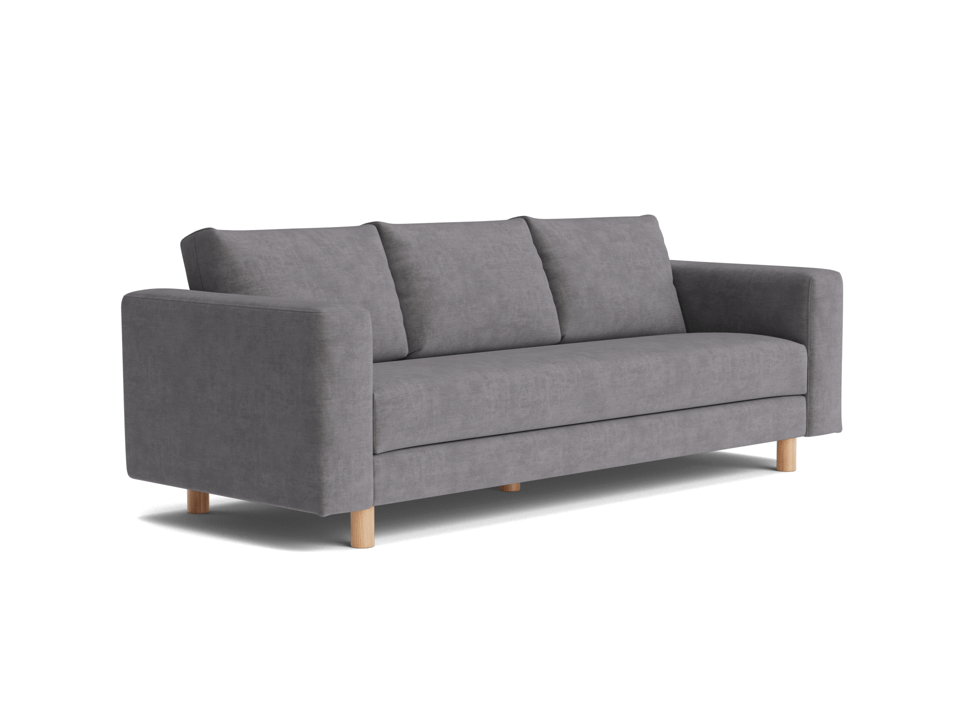 Grey upholstered three-seater sofa with wooden legs, featuring a minimalist design and three back cushions.