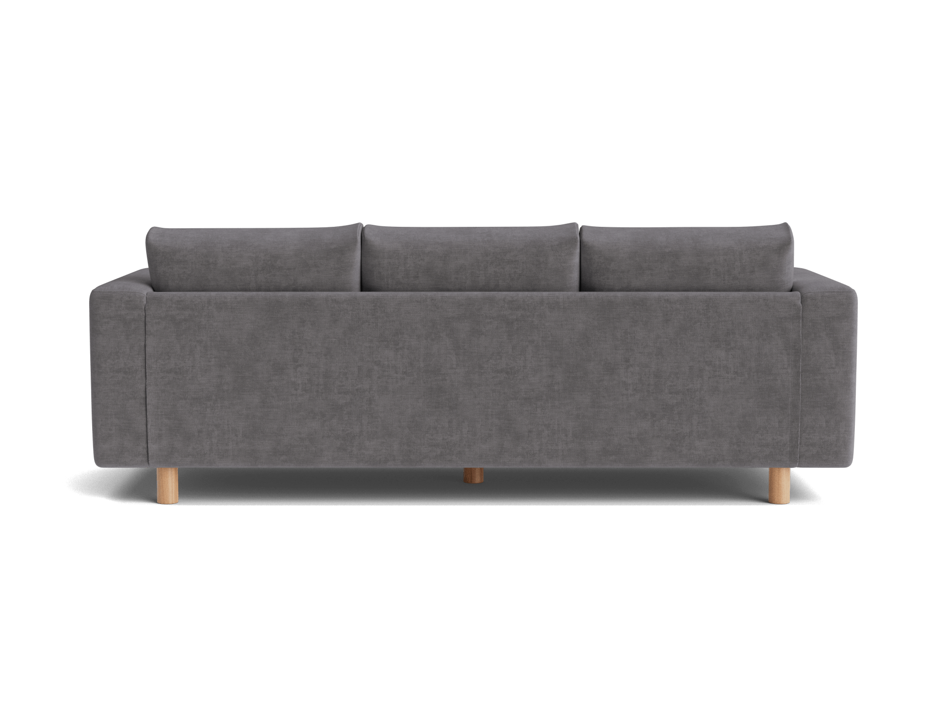 Rear view of a light grey sofa with three cushions, featuring wooden legs. Simple, modern design.