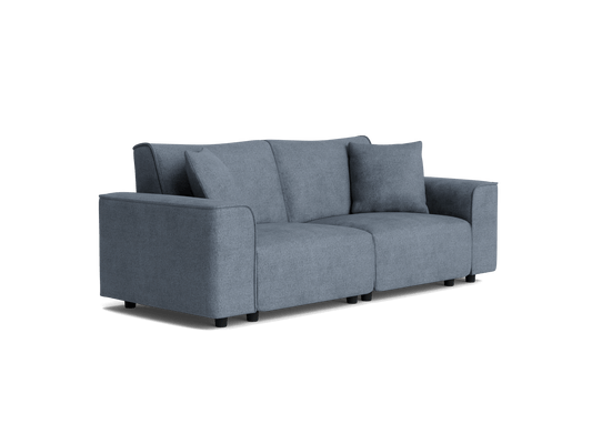 Grey three-seater sofa with thick armrests and cushions, simple and modern design, on dark legs, suitable for a living room setting.