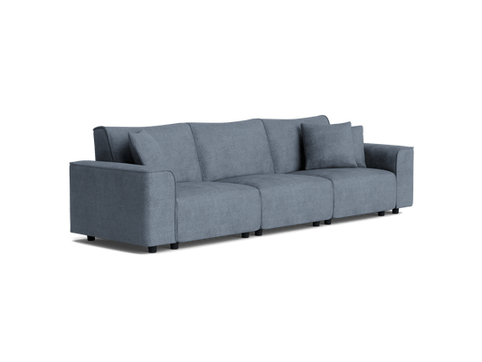Grey three-seater fabric sofa with plush cushions and wide armrests, showcasing modern design and comfort. Ideal for living room decor.