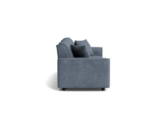 Side view of a dark grey sofa with two cushions. The minimalist design features clean lines and a boxy shape.