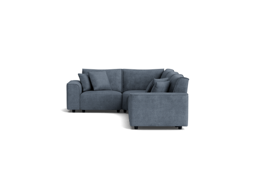 Dark grey L-shaped sectional sofa with four cushions, featuring plush upholstery and simple, modern design.