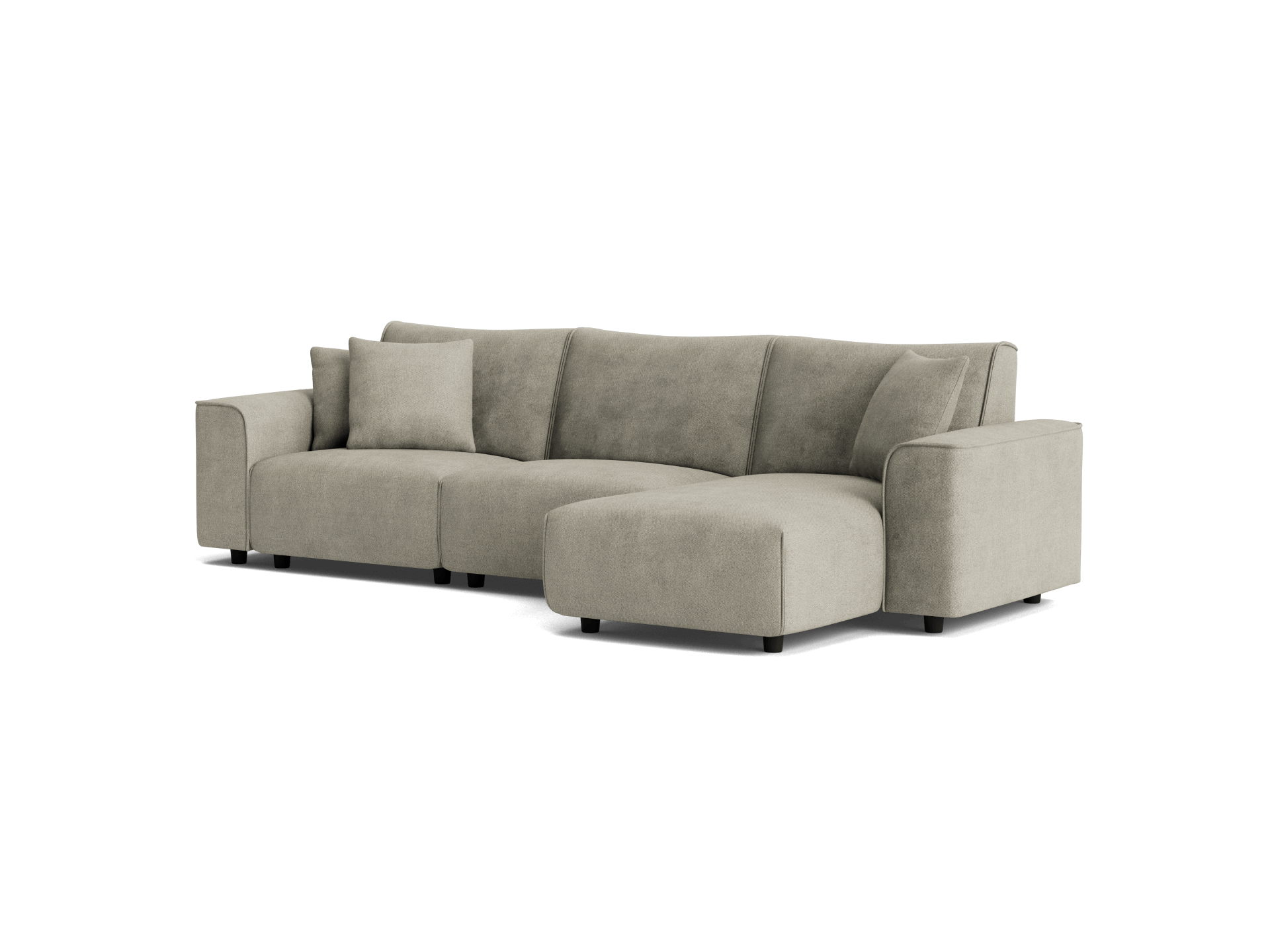 Light grey L-shaped sectional sofa with a chaise on the right side and matching cushions. Modern design and plush upholstery.