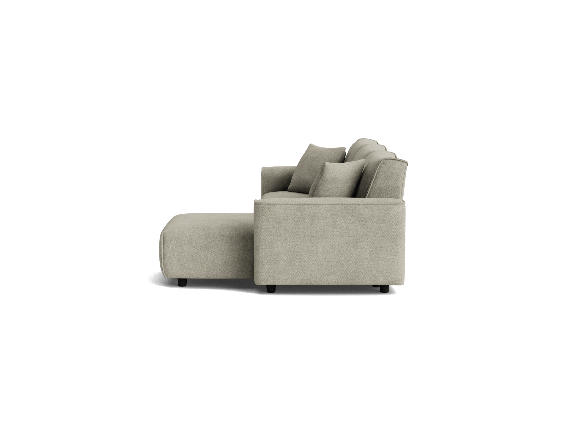Light green L-shaped sofa with plush cushions, viewed from the side against a plain white background. Modern and stylish design.