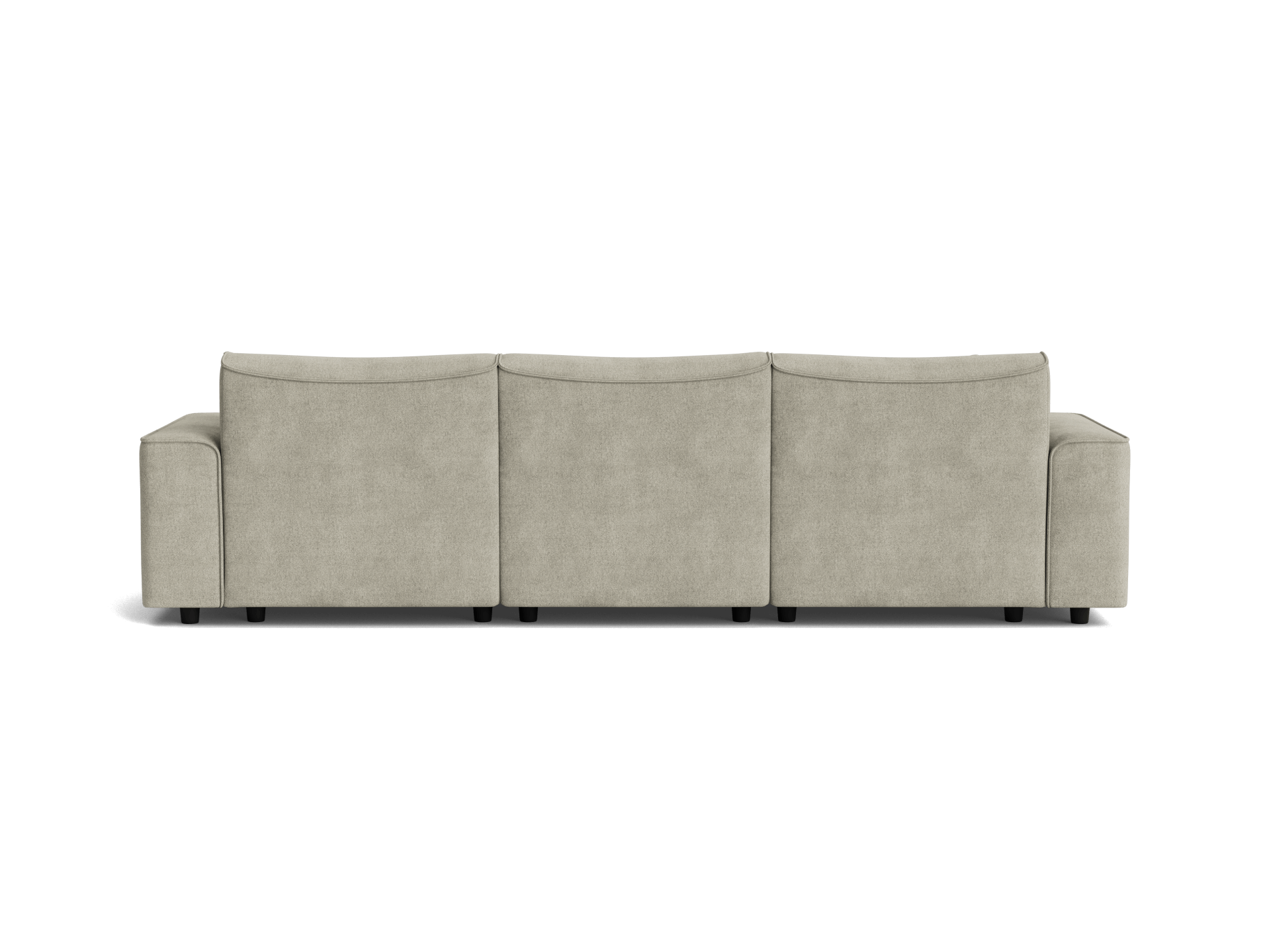 Back view of a light grey, three-seater sofa with square cushions and low arms, featuring a minimalist design.