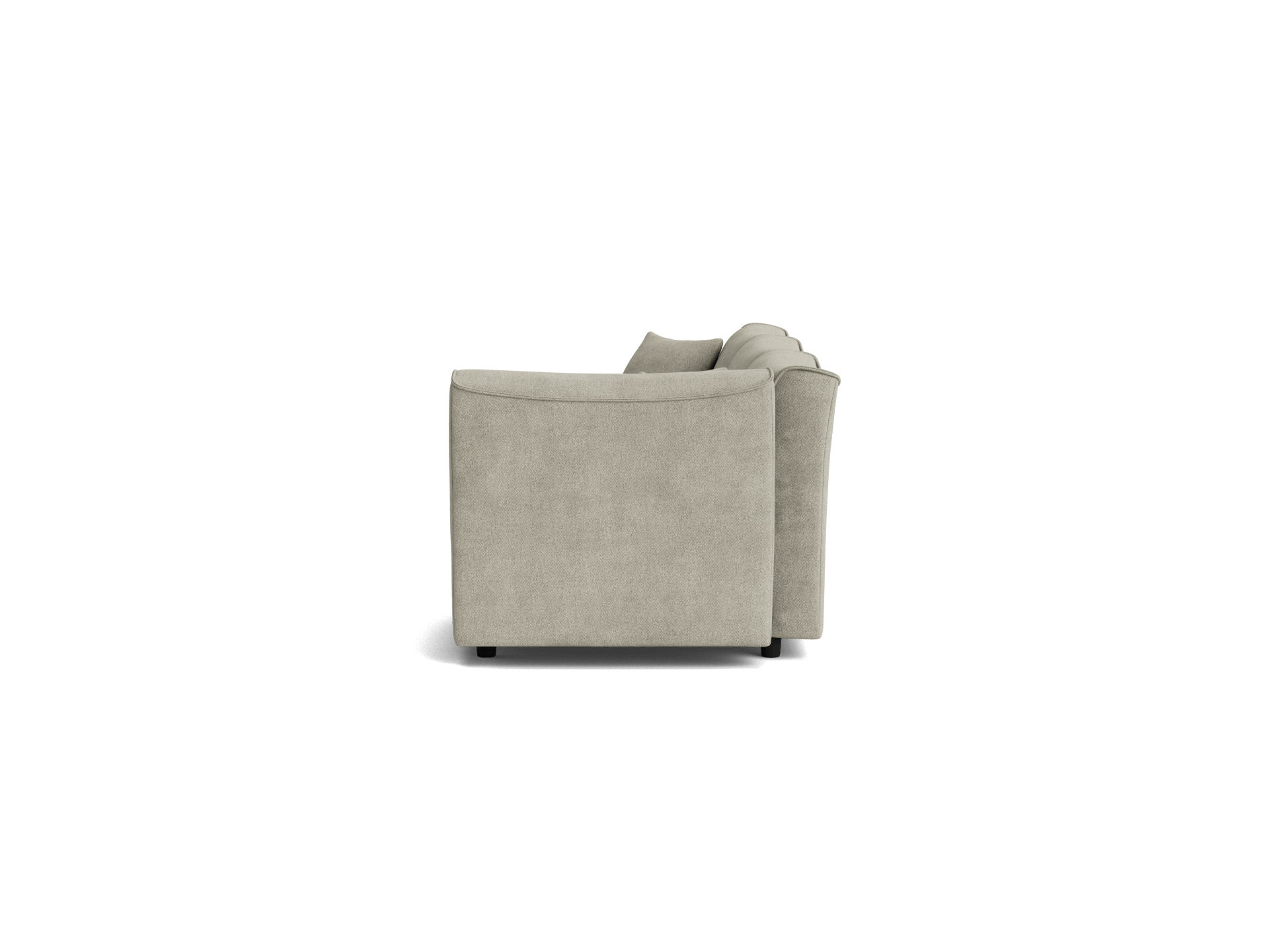 Side view of a light grey sofa with plush cushions, modern design. Simple, sleek silhouette on a white background.