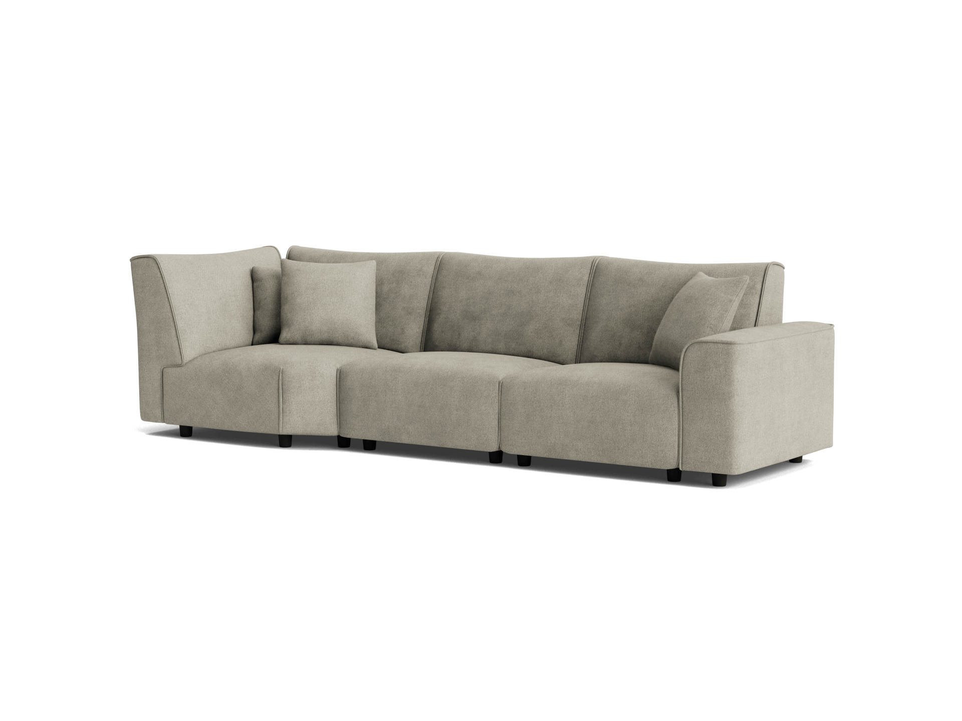 Light grey L-shaped modular sofa with plush cushions and low-profile design, ideal for modern living rooms.
