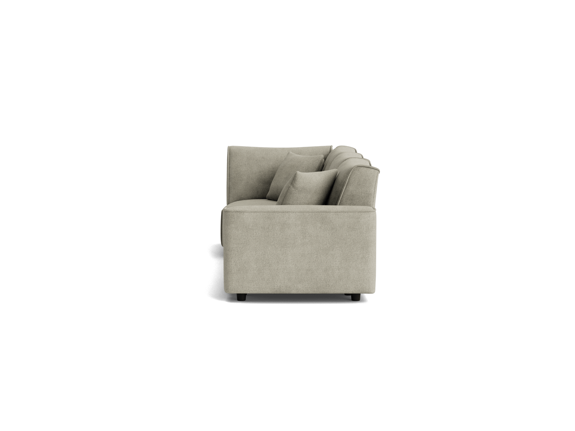 Side view of a light grey, modern, boxy sofa with cushions, displaying a minimalist design. Perfect for contemporary living spaces.
