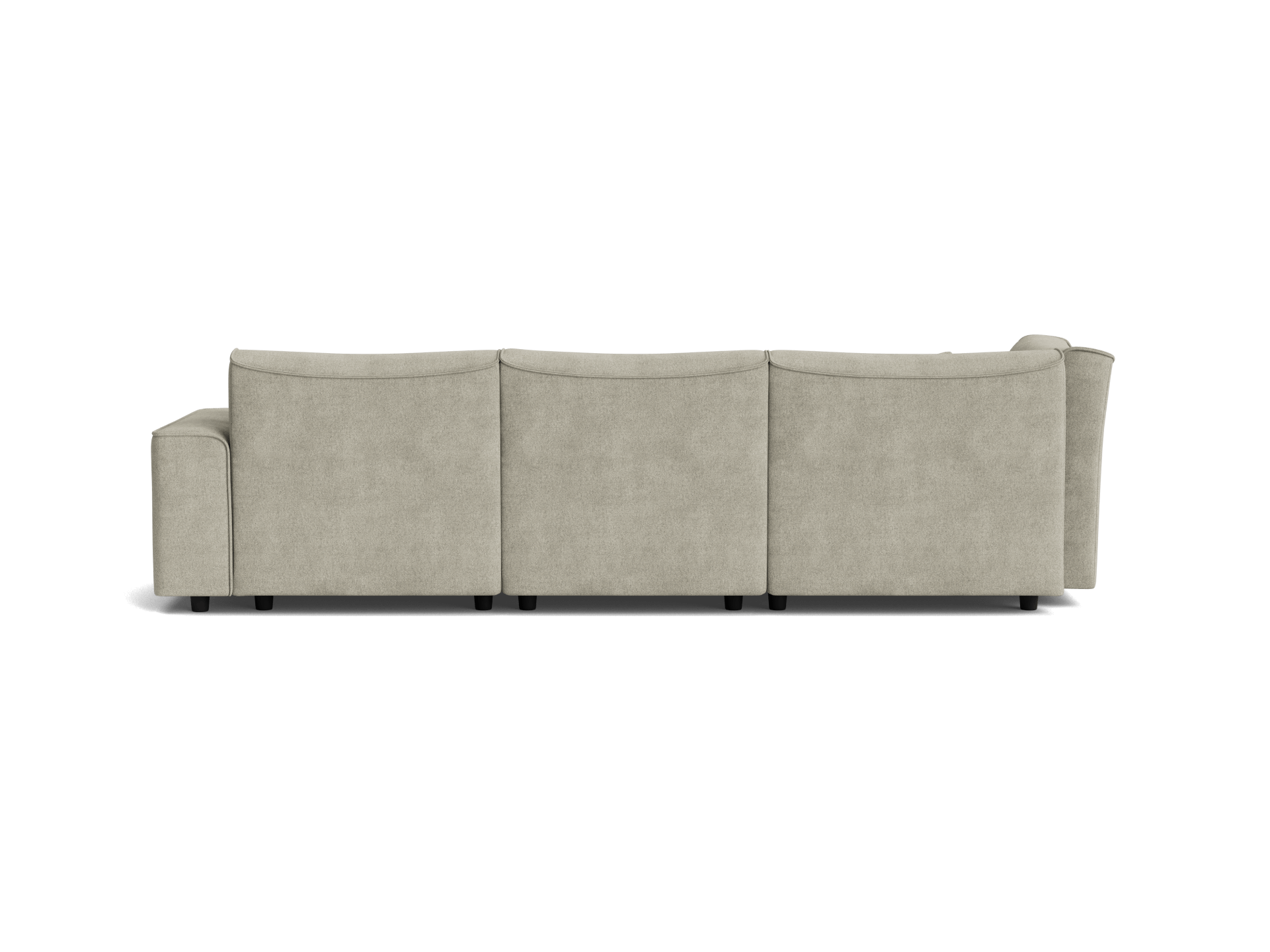 Back view of a light grey, three-seater sofa with square cushions and low armrests, showcasing modern, minimalist design.