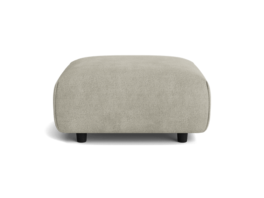 Light grey fabric ottoman with a rectangular shape and rounded edges, featuring black short legs.