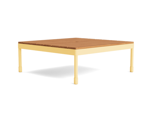Square coffee table with a light brown wooden top and a cream frame, featuring sturdy legs. Modern minimalist design.